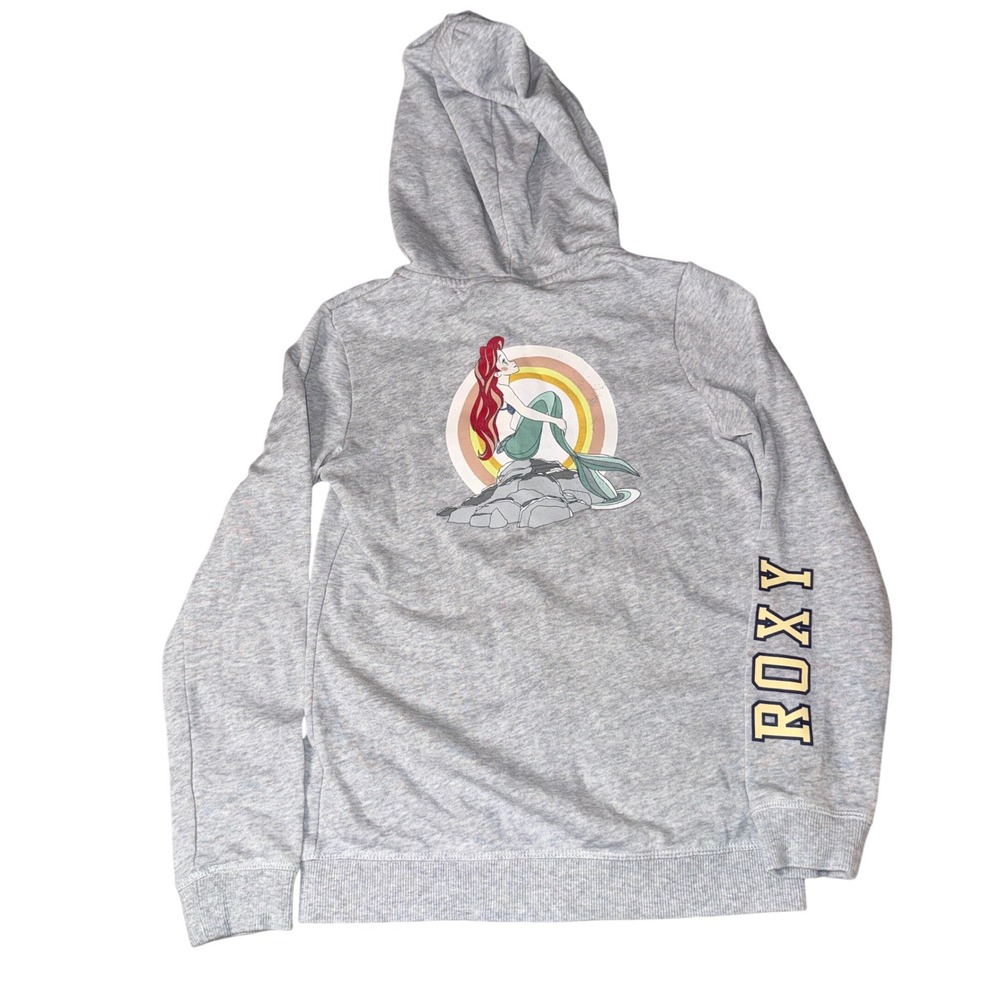 Roxy Girl Disney Ariel Hoodie size 12 Large Gray Zip Up Little Mermaid Patches